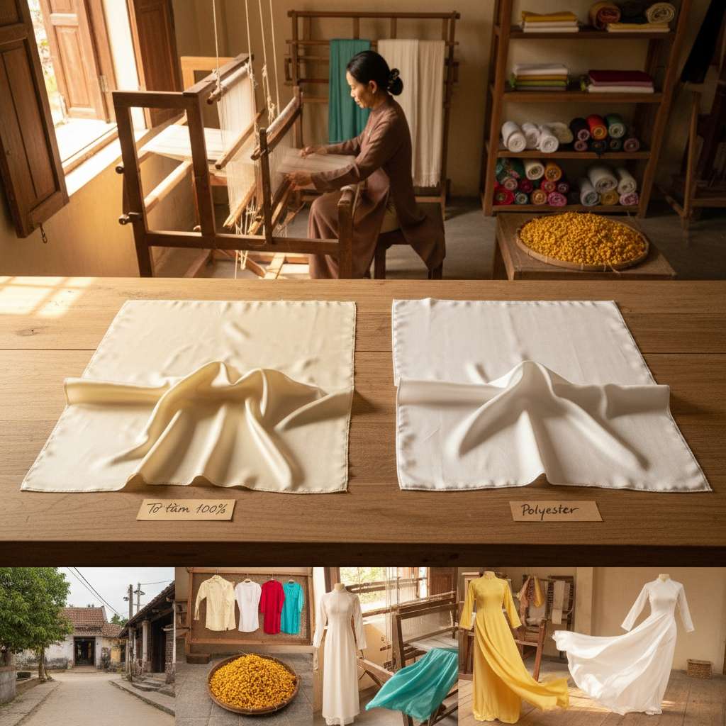 Ảnh close-up hai mẫu vải đặt cạnh nhau trên bàn gỗ sáng màu: bên trái là lụa tơ tằm Nha Xá màu ngà kem với ánh bóng mềm tự nhiên và nếp gấp rủ mượt, bên phải là vải polyester sáng bóng đều và cứng hơn, có chú thích nhỏ 