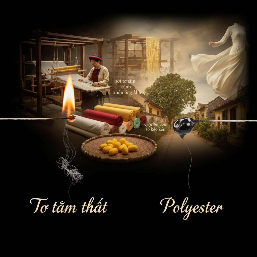 Ảnh hướng dẫn thử nghiệm đốt sợi lụa trên nền đen: bên trái là sợi tơ tằm thật đang cháy với ngọn lửa nhỏ và tro mịn màu xám nhạt rơi xuống, bên phải là sợi polyester co lại thành cục tròn cứng bóng màu đen, hai bên có chú thích 