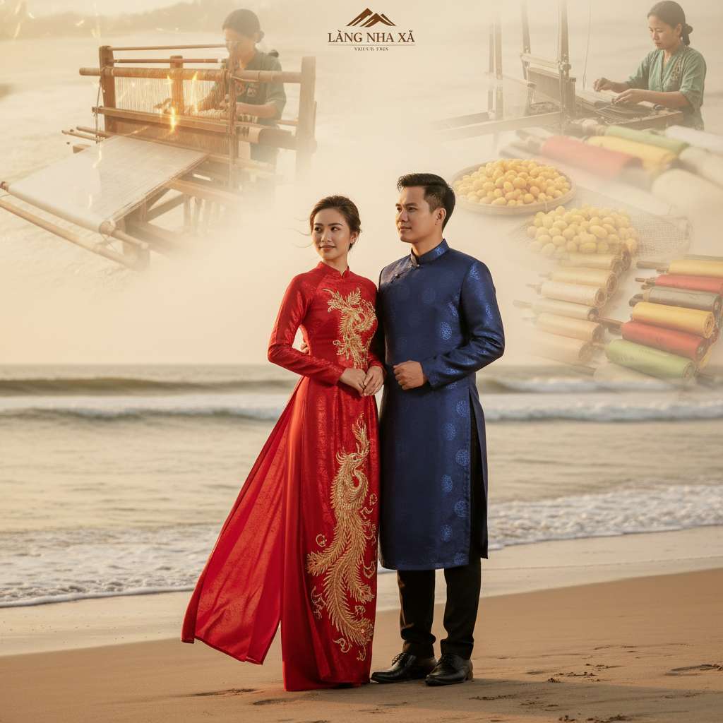 Cô dâu Việt Nam mặc áo dài lụa tơ tằm đỏ thêu phượng hoàng vàng, chú rể mặc áo dài lụa xanh đậm, đứng cạnh nhau trên bãi biển Mỹ Khê Đà Nẵng lúc golden hour, sóng biển nhẹ phía sau, tà áo dài bay trong gió, chất lụa bắt sáng hoàng hôn óng ánh, góc chụp toàn thân từ phía trước hơi thấp, phong cách ảnh cưới editorial