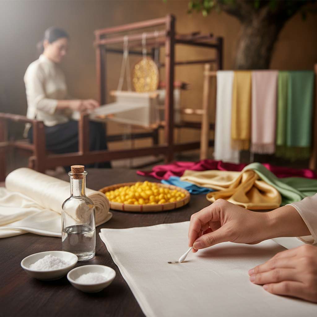Cận cảnh bàn tay phụ nữ cầm tăm bông trắng chấm nhẹ nhàng lên một vết bẩn nhỏ trên tấm lụa tơ tằm màu ngọc trai, bên cạnh là đĩa sứ nhỏ đựng bột talc trắng mịn, lọ giấm thủy tinh trong suốt và chén muối mịn, nền bàn gỗ sẫm màu, ánh sáng studio mềm mại chiếu từ bên trái, góc chụp macro cận cảnh, bokeh nhẹ phía sau