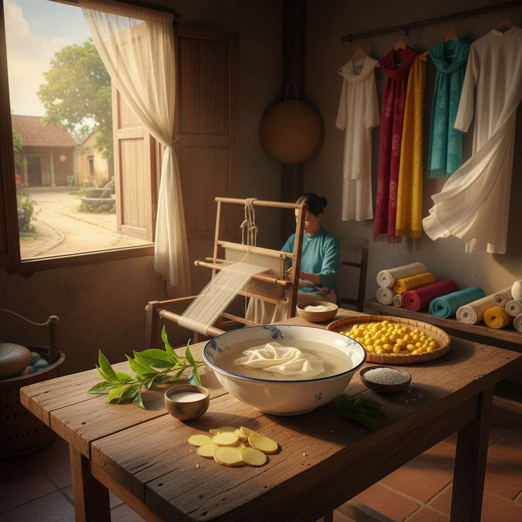 Chậu sứ men trắng đặt trên bàn gỗ mộc mạc trong không gian bếp truyền thống Việt Nam, bên trong chậu là tấm lụa tơ tằm màu kem đang ngâm trong nước hơi đục nhẹ, xung quanh bày biện lát gừng tươi vàng, chén nhỏ đựng sữa tươi trắng, bát gạo trắng và nhánh lá chè xanh tươi, ánh sáng chiều vàng ấm xuyên qua cửa sổ gỗ có rèm vải mỏng, góc chụp nghiêng 30 độ