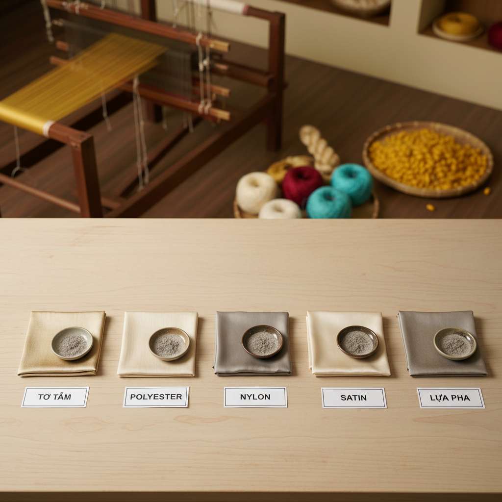 Bàn trưng bày 6 mẫu vải nhỏ kích thước 15x15cm xếp thành hàng ngang trên nền gỗ sáng tại showroom Làng Nha Xá, mỗi mẫu có nhãn ghi tên chất liệu (tơ tằm, polyester, nylon, rayon, satin, lụa pha), bên cạnh mỗi mẫu có đĩa nhỏ chứa tro sau khi đốt. Ánh sáng đèn studio mềm, góc chụp từ trên xuống flat lay, chất lượng 4K.