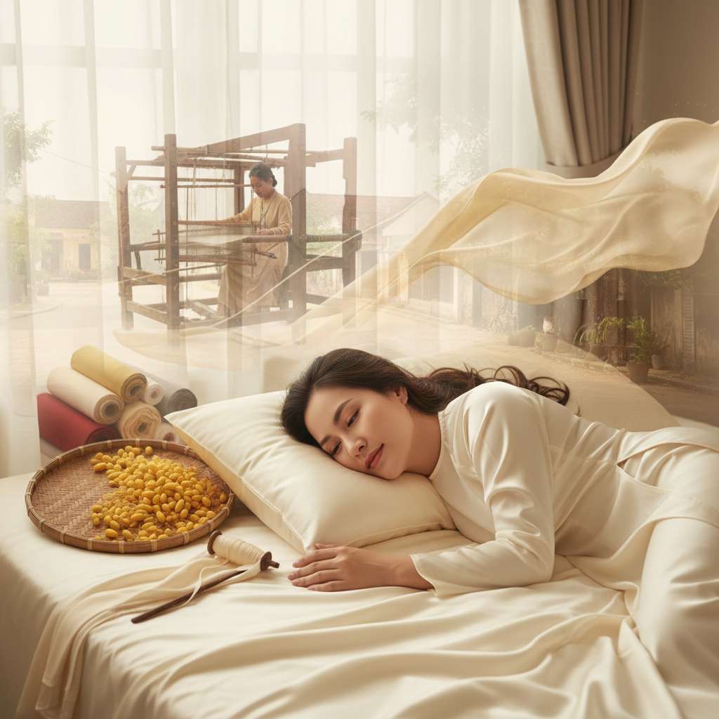 Người phụ nữ Việt Nam tuổi 30 nằm nghiêng trên vỏ gối lụa tơ tằm màu ngà kem, tóc đen dài xõa trên gối, da mặt mịn màng rạng rỡ. Phòng ngủ phong cách Việt hiện đại với ga giường lụa cùng tông, ánh sáng mềm buổi sáng sớm chiếu qua rèm trắng mỏng. Góc chụp ngang tầm mắt, bokeh nhẹ phía sau, chất lượng 4K.
