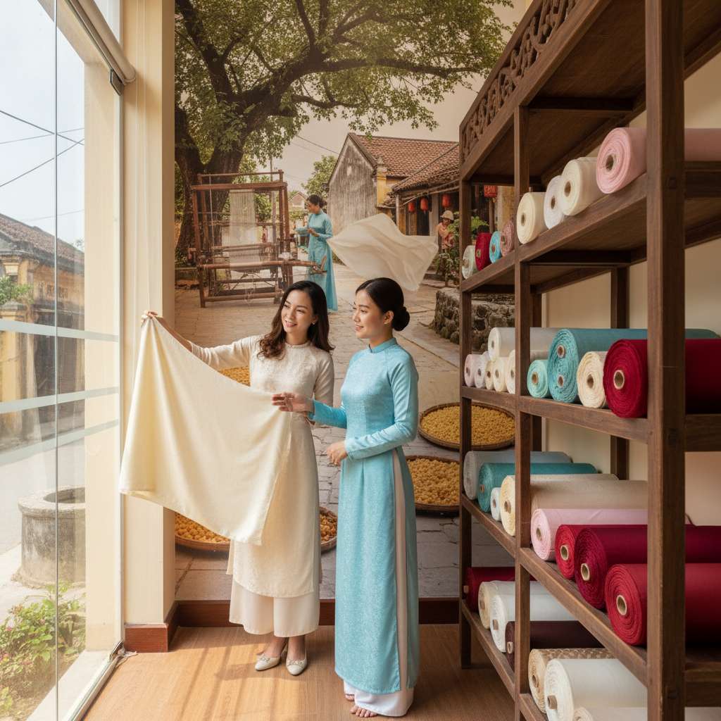 Không gian trưng bày lụa tại showroom Làng Nha Xá — kệ gỗ truyền thống trưng các cuộn lụa tơ tằm nhiều màu sắc (ngà vàng, hồng phấn, xanh ngọc, đỏ thẫm), một nữ khách hàng đang cầm tấm lụa đưa lên ánh sáng để kiểm tra, nhân viên nữ mặc áo dài lụa đứng bên cạnh tư vấn. Ánh sáng tự nhiên từ cửa kính lớn, không gian thoáng đãng, chất lượng 4K.