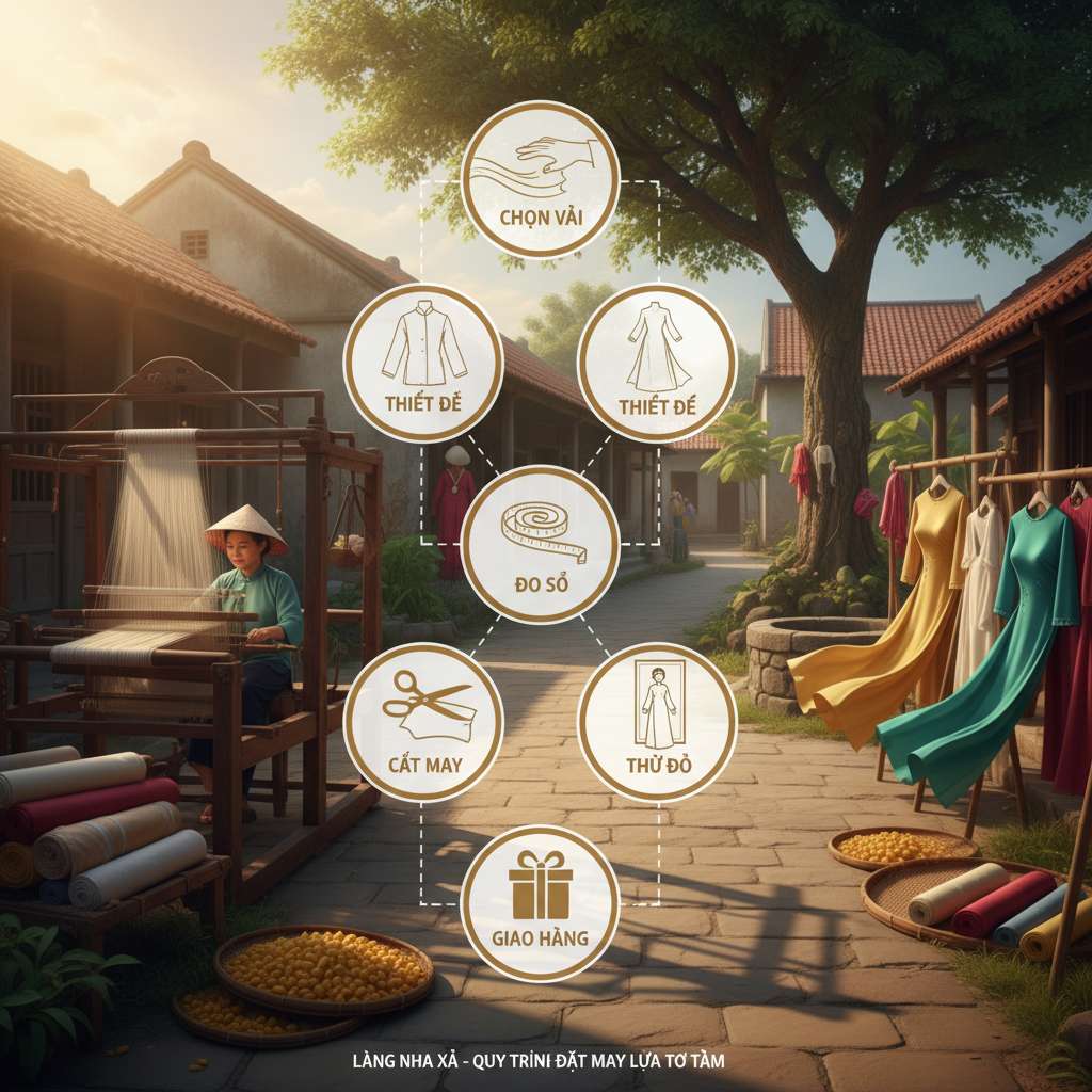 Infographic dọc 6 bước quy trình đặt may lụa tơ tằm, mỗi bước có icon tròn nối bằng đường chấm: (1) bàn tay sờ vải lụa — chọn vải, (2) bản vẽ phác thảo áo dài — thiết kế, (3) thước dây quấn quanh mannequin — đo số, (4) kéo cắt vải lụa — cắt may, (5) người thử áo trước gương — thử đồ, (6) hộp quà đóng nơ — giao hàng. Nền trắng sạch, phong cách minh họa phẳng hiện đại, màu chủ đạo vàng đồng và trắng ngà.