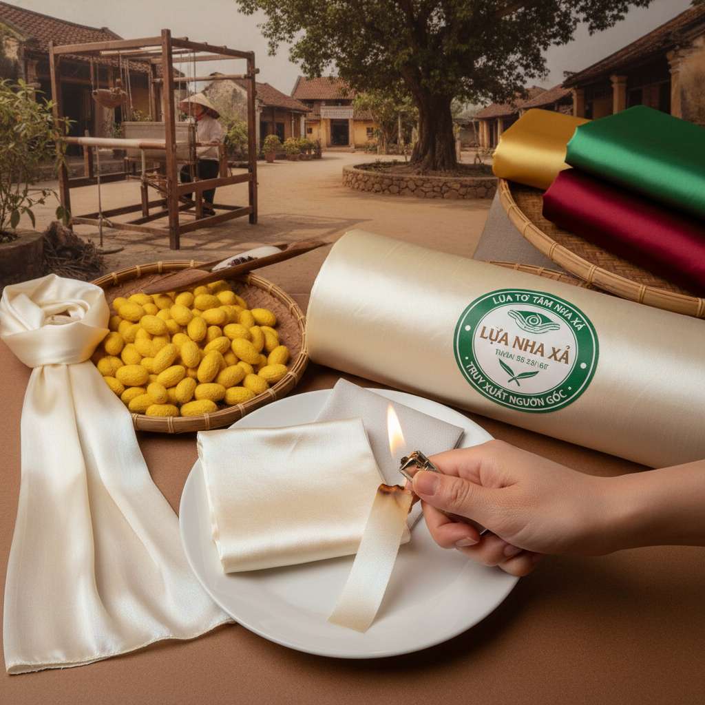 Bàn tay phụ nữ Việt Nam cầm bật lửa đốt một sợi vải lụa nhỏ trên nền đĩa sứ trắng, bên cạnh đặt hai mẫu vải — một mẫu lụa tơ tằm thật màu ngà có ánh ngọc trai và một mẫu polyester bóng nhân tạo. Phía sau là cuộn vải lụa Nha Xá có gắn nhãn truy xuất nguồn gốc. Ánh sáng studio mềm, góc chụp close-up từ trên xuống 45 độ, nền gỗ sáng, 4K macro photography.