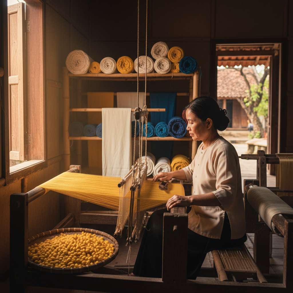 Nữ nghệ nhân Làng Nha Xá khoảng 50 tuổi, mặc áo bà ba truyền thống, ngồi bên khung dệt gỗ cổ đang đưa thoi dệt lụa. Xung quanh là những cuộn lụa tơ tằm thành phẩm màu vàng hoàng gia và xanh lam đặt trên kệ tre. Ánh sáng tự nhiên chiếu từ cửa sổ gỗ phía bên trái, tạo hiệu ứng ấm áp lên sợi tơ tằm lấp lánh trên khung dệt. Góc chụp 3/4 từ bên, phong cách documentary photography, 4K, tông màu ấm.