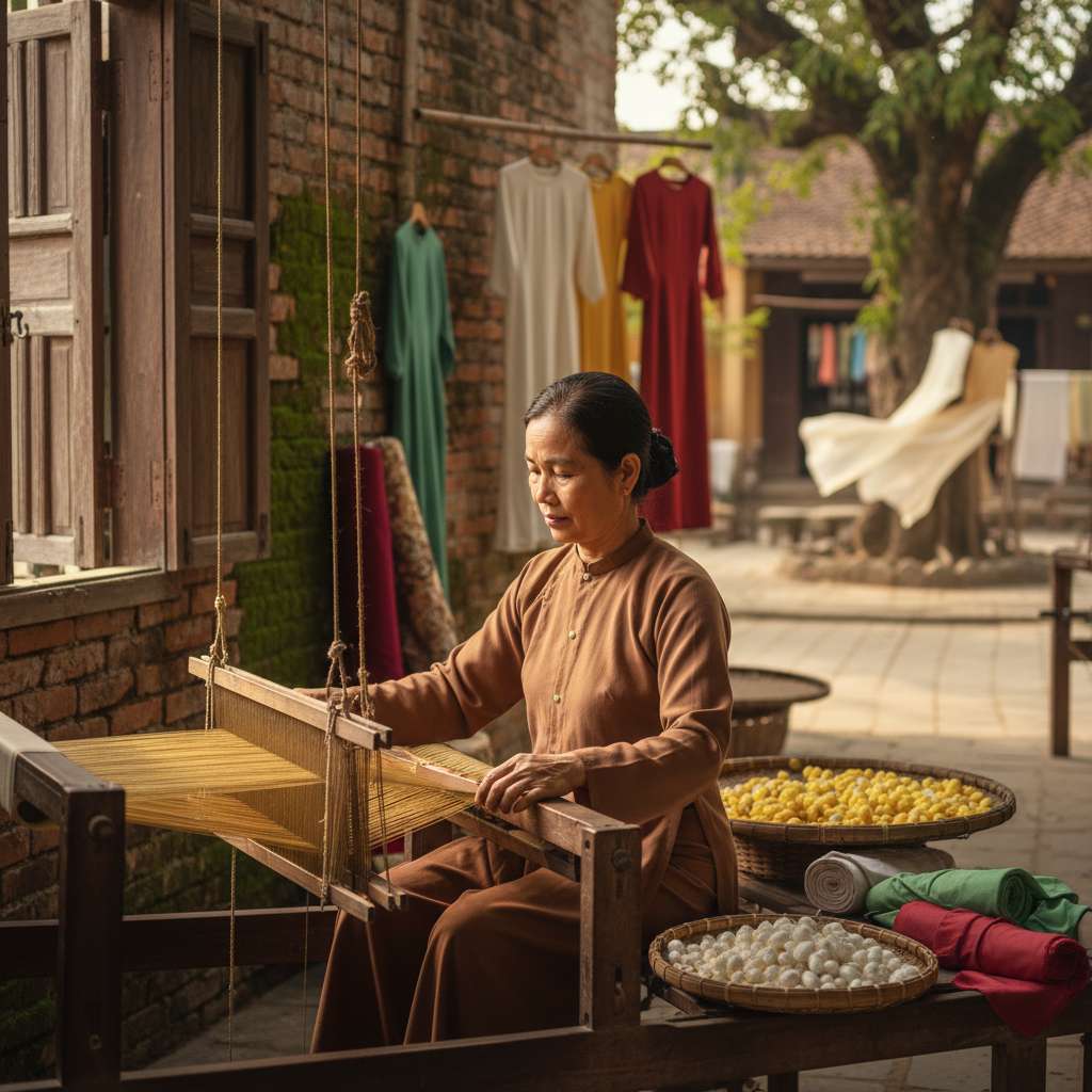 Một phụ nữ Việt Nam trung niên mặc áo bà ba nâu đất đang ngồi bên khung dệt gỗ truyền thống, tay đưa thoi dệt qua lại, sợi tơ tằm vàng óng ánh dưới ánh nắng xuyên qua cửa sổ gỗ, bên cạnh là rổ kén tằm trắng muốt, nền tường gạch cổ phủ rêu nhẹ, góc chụp 3/4 từ bên trái, ánh sáng tự nhiên kiểu Rembrandt, bokeh mềm ở hậu cảnh.