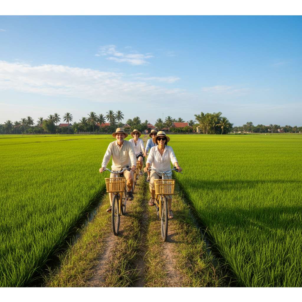 Nhóm 4 du khách quốc tế (hai người phương Tây, hai người châu Á) đạp xe đạp tre trên con đường đất nhỏ giữa cánh đồng lúa xanh non, phía xa là mái nhà ngói đỏ của làng nghề, trời trong xanh với vài cụm mây trắng, nắng sớm tạo bóng dài trên mặt ruộng, góc chụp ngang tầm mắt từ phía trước, phong cách travel photography tự nhiên, sắc nét.