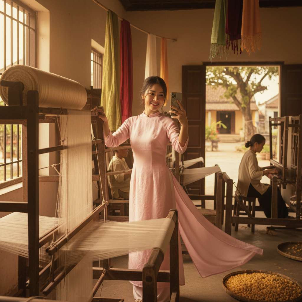 Cô gái trẻ Việt Nam Gen Z mặc áo dài lụa tơ tằm màu hồng pastel đứng giữa xưởng dệt truyền thống, một tay chạm vào cuộn lụa trên kệ gỗ, tay kia cầm điện thoại chụp selfie, xung quanh là khung dệt cổ và ánh sáng tự nhiên từ cửa sổ, hậu cảnh mờ nhẹ với nghệ nhân đang dệt, tông màu ấm áp, phong cách editorial fashion kết hợp documentary.