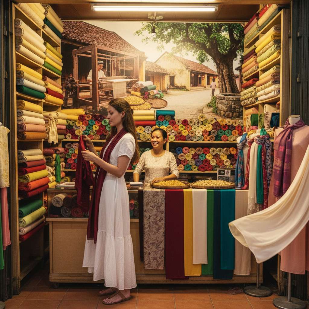 Quầy bán lụa tơ tằm bên trong chợ Hàn Đà Nẵng, hàng chục cuộn vải lụa nhiều màu sắc xếp trên kệ cao từ sàn đến trần, một nữ du khách nước ngoài mặc váy trắng đang cầm chiếc khăn lụa màu đỏ đô ngắm nghía, người bán hàng phụ nữ Việt Nam trung niên mỉm cười phía sau quầy, ánh đèn vàng ấm bên trong chợ, góc chụp rộng ngang tầm mắt