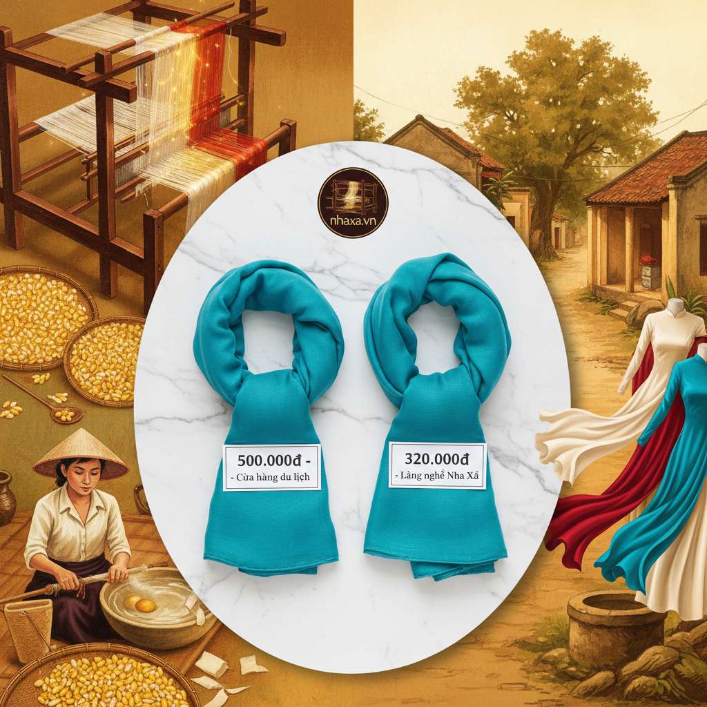 Hai chiếc khăn choàng lụa tơ tằm giống nhau màu xanh ngọc bích được đặt cạnh nhau trên nền đá marble trắng, bên trái có tag giá 