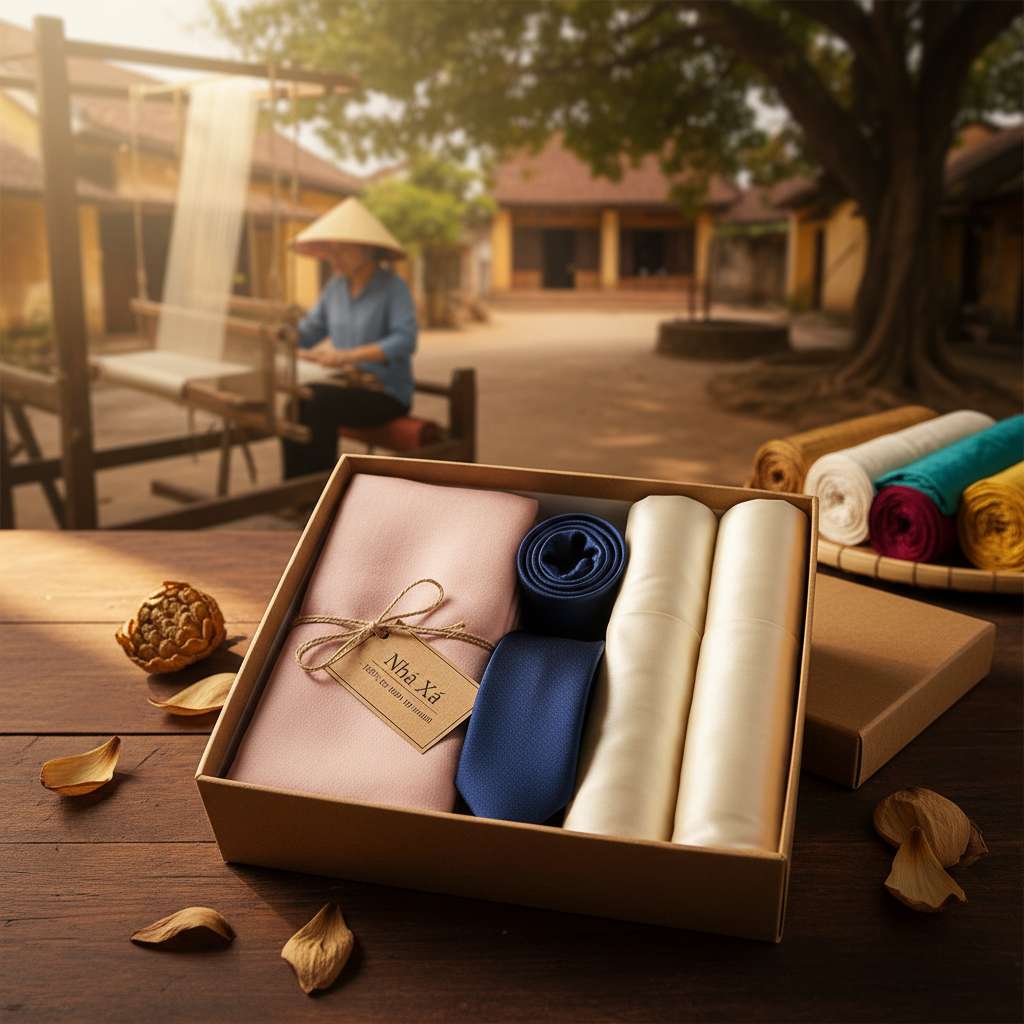 Bộ quà tặng lụa tơ tằm Nha Xá được sắp xếp tinh tế trong hộp quà màu nâu kraft, bên trong gồm một khăn choàng cổ lụa màu hồng pastel gấp gọn, một cà vạt lụa xanh navy, và một đôi vỏ gối lụa màu trắng ngà, hộp quà đặt trên bàn gỗ sẫm, xung quanh rải vài cánh hoa sen khô, có thẻ tag 
