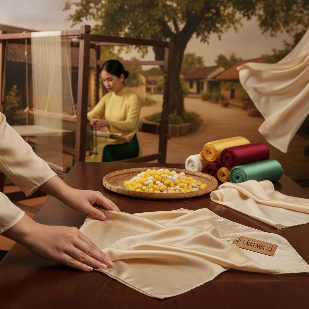 Cận cảnh hai bàn tay phụ nữ nhẹ nhàng vuốt chiếc khăn lụa tơ tằm màu champagne trên mặt bàn gỗ sẫm. Ánh sáng studio mềm chiếu từ bên trái, làm nổi bật bề mặt bóng mượt tự nhiên và đường dệt mịn màng của sợi tơ. Phông nền mờ là lọ hoa sen hồng và cuộn tơ tằm vàng óng, góc chụp macro 45 độ từ trên xuống.