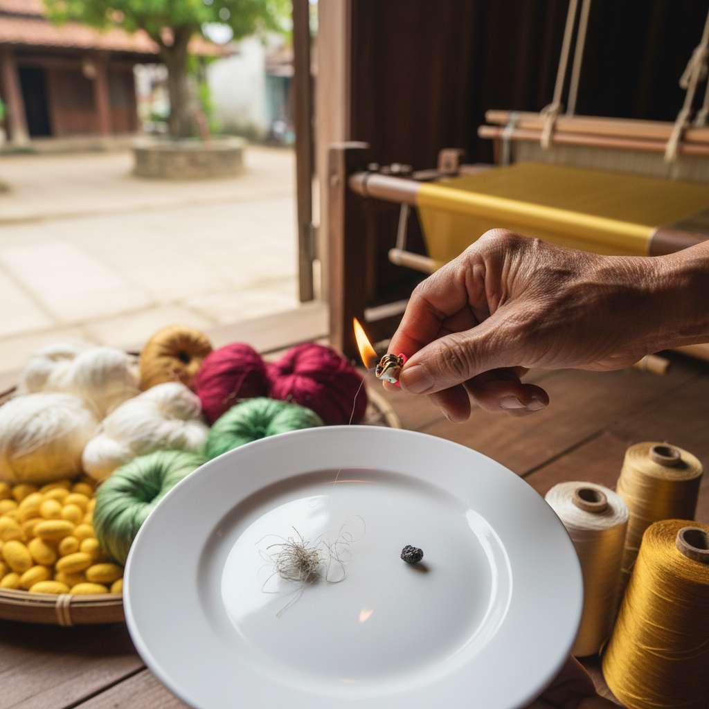 Bàn tay một nghệ nhân lớn tuổi làng Nha Xá đang dùng bật lửa thử đốt một sợi tơ tằm nhỏ trên nền gốm sứ trắng. Bên cạnh là hai mẫu sợi — một sợi tơ tằm thật (tro mịn, xám nhạt) và một sợi polyester (co cứng thành hạt đen). Ánh sáng tự nhiên ban ngày, góc chụp cận cảnh từ trên, phông nền mờ là khung cửi gỗ và những cuộn tơ vàng.