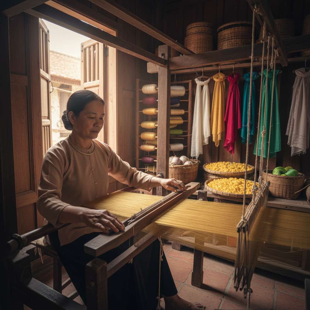 Toàn cảnh xưởng dệt lụa truyền thống tại làng Nha Xá, Hà Nam. Một nữ nghệ nhân trung tuổi mặc áo bà ba ngồi bên khung cửi gỗ cổ, tay đang đưa thoi dệt. Xung quanh là những cuộn tơ tằm vàng óng xếp trên kệ, ánh sáng tự nhiên chiếu qua cửa sổ gỗ tạo hiệu ứng ấm áp. Góc chụp rộng từ phía trước chếch bên, lấy nét vào bàn tay nghệ nhân và sợi tơ đang căng trên khung.