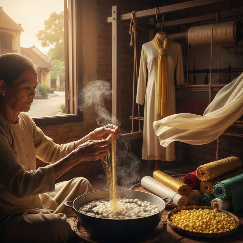 Đôi bàn tay nghệ nhân lớn tuổi (nữ, khoảng 60 tuổi) đang kéo sợi tơ tằm vàng óng từ nồi nước nóng chứa kén tằm trắng, hơi nước bốc lên nhẹ, bối cảnh xưởng dệt truyền thống với khung cửi gỗ phía sau, tường gạch cũ, ánh sáng tự nhiên từ cửa sổ bên trái chiếu vào, góc chụp close-up tập trung vào bàn tay và sợi tơ, phong cách documentary chân thực.
