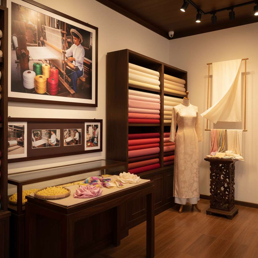 Quầy trưng bày sản phẩm lụa tơ tằm bên trong showroom Hội An, kệ gỗ sẫm màu bày các cuộn vải lụa xếp gọn theo dải màu gradient từ trắng ngà sang hồng pastel đến đỏ đậm, phía trước kệ là bàn trưng bày khăn lụa gấp hình hoa, cạnh đó là mẫu áo dài lụa treo trên mannequin gỗ, đèn spotlight ấm chiếu từ trần, sàn gỗ bóng phản chiếu nhẹ, góc chụp 3/4 từ bên phải, phong cách commercial product photography.