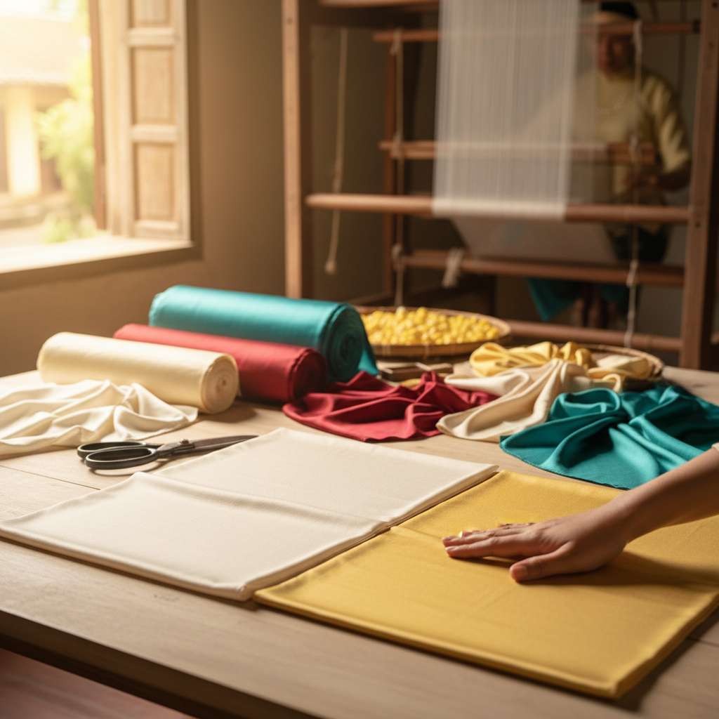 Close-up hai mẫu vải lụa đặt cạnh nhau trên bàn gỗ sáng màu: bên trái là lụa tơ tằm thật có ánh óng tự nhiên mềm mại khi ánh sáng chiếu vào, bên phải là lụa nhân tạo có độ bóng đều và cứng hơn, một bàn tay nữ đang chạm nhẹ vào mẫu lụa thật để cảm nhận, phía sau mờ nhòe là cuộn lụa và kéo cắt vải, ánh sáng tự nhiên từ cửa sổ bên trái, góc chụp top-down nghiêng 45 độ, phong cách educational close-up photography.