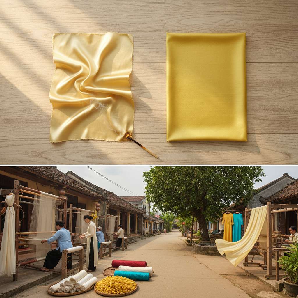 So sánh lụa tơ tằm thật Nha Xá và lụa polyester — test đốt sợi tơ