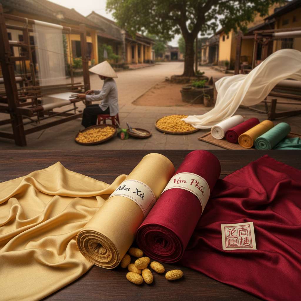 Hai cuộn lụa đặt song song trên mặt bàn gỗ tối — bên trái cuộn lụa Nha Xá tông vàng ấm mềm rũ có nhãn giấy viết tay 