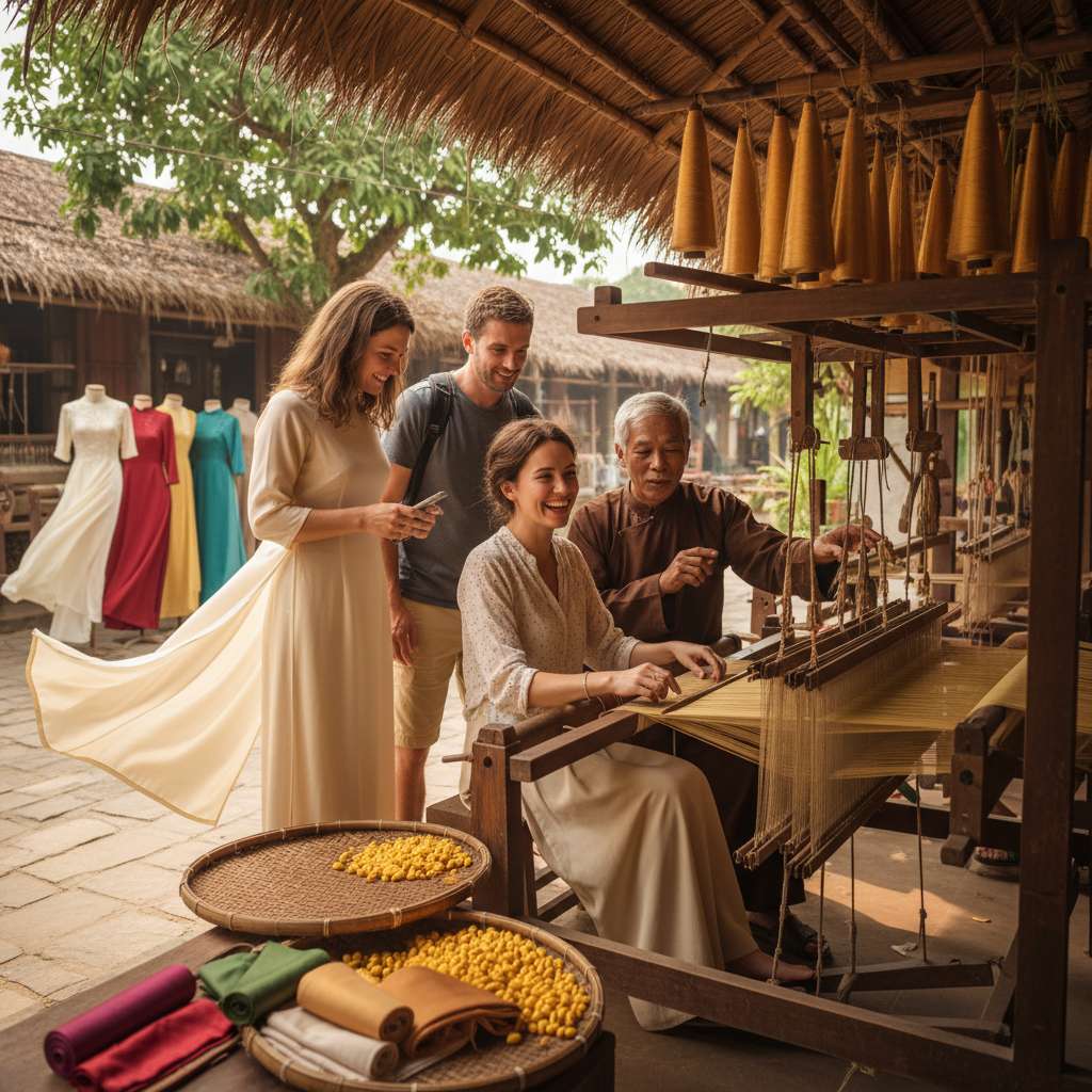 Du khách trải nghiệm tự tay dệt lụa tại xưởng dệt Nha Xá