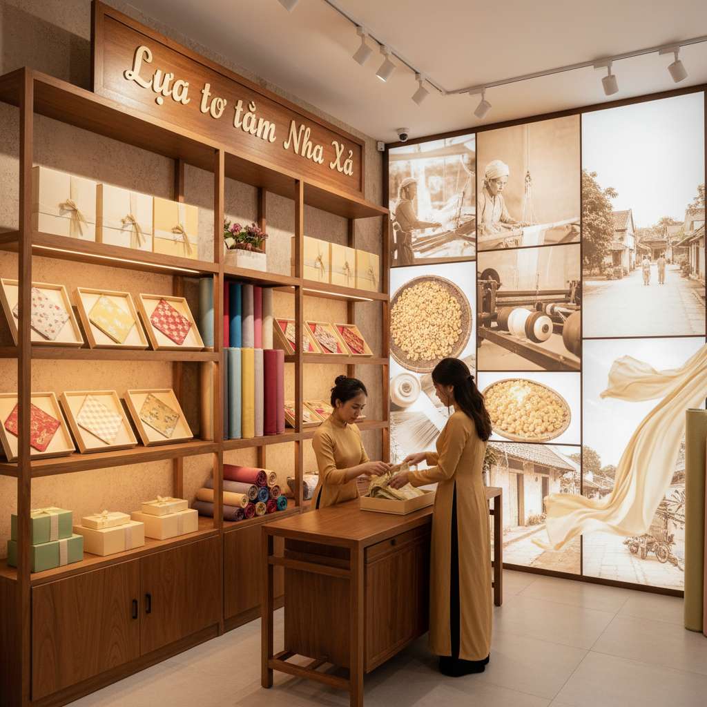 Gian hàng lụa Nha Xá trong showroom trưng bày khăn lụa và cuộn vải