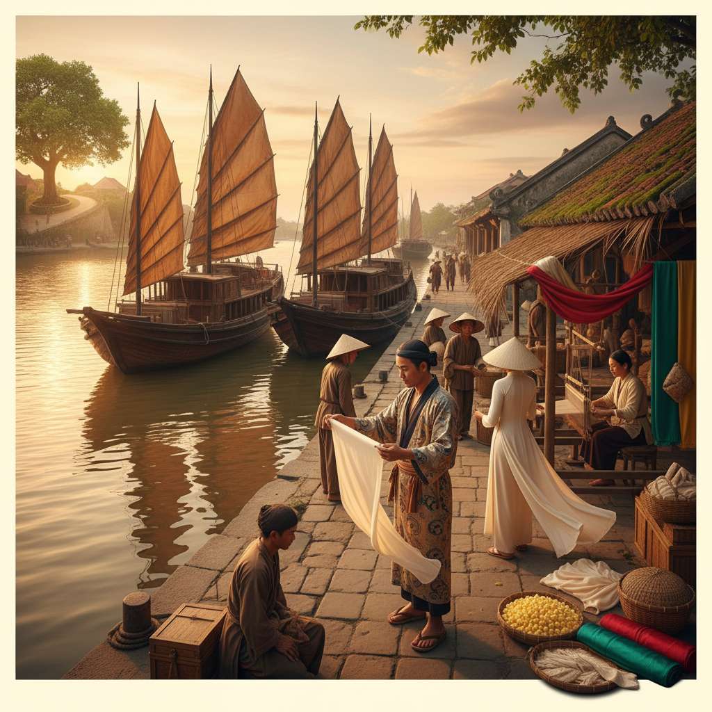 Tái hiện cảnh thương cảng Hội An thế kỷ XVII nhìn từ bờ sông, ba chiếc thuyền buồm gỗ lớn neo đậu bên cầu cảng, thương nhân mặc kimono Nhật Bản đang kiểm tra cuộn lụa tơ tằm trắng ngà trên tay, xung quanh là phu khuân vác người Việt đội nón lá, phố cổ mái ngói rêu phong phía sau, ánh hoàng hôn vàng ấm phản chiếu trên mặt nước, phong cách tranh màu nước digital, 4K