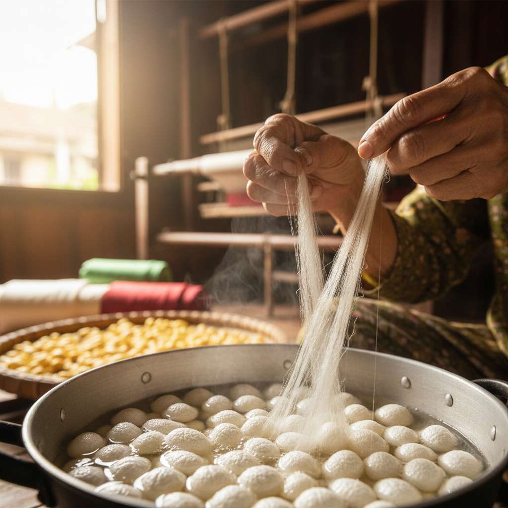 Cận cảnh đôi tay nghệ nhân nữ lớn tuổi đang kéo sợi tơ tằm trắng bóng từ nồi luộc kén bốc hơi, kén tằm trắng tròn nổi trên mặt nước nóng, phía sau là khung cửi gỗ mờ nhòe trong bokeh, ánh sáng tự nhiên từ cửa sổ chiếu ngang tạo hiệu ứng rim light trên sợi tơ, tông màu ấm vàng, góc chụp cận macro, 4K