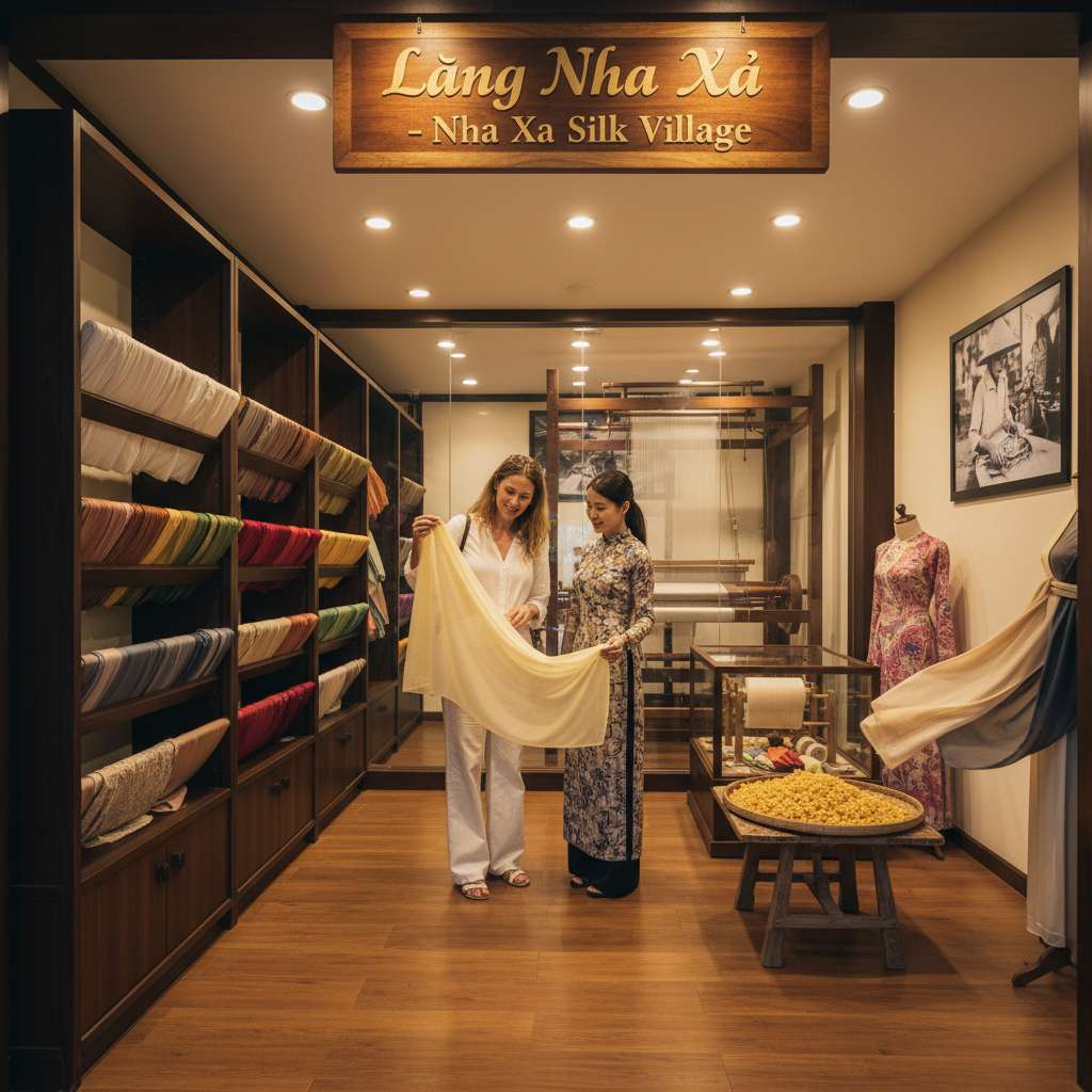 Không gian showroom lụa tơ tằm sang trọng với kệ gỗ tối trưng bày hàng chục cuộn lụa đủ màu sắc — trắng ngà, vàng đồng, đỏ thẫm, xanh ngọc, tím than — hai du khách nữ châu Âu đang cầm tấm khăn lụa vàng nhạt lên ánh sáng để kiểm tra độ trong mờ, nhân viên nữ mặc áo dài đứng bên cạnh tư vấn, đèn spotlight ấm chiếu từ trần, sàn gỗ sáng bóng, góc chụp rộng từ phía trước, 4K