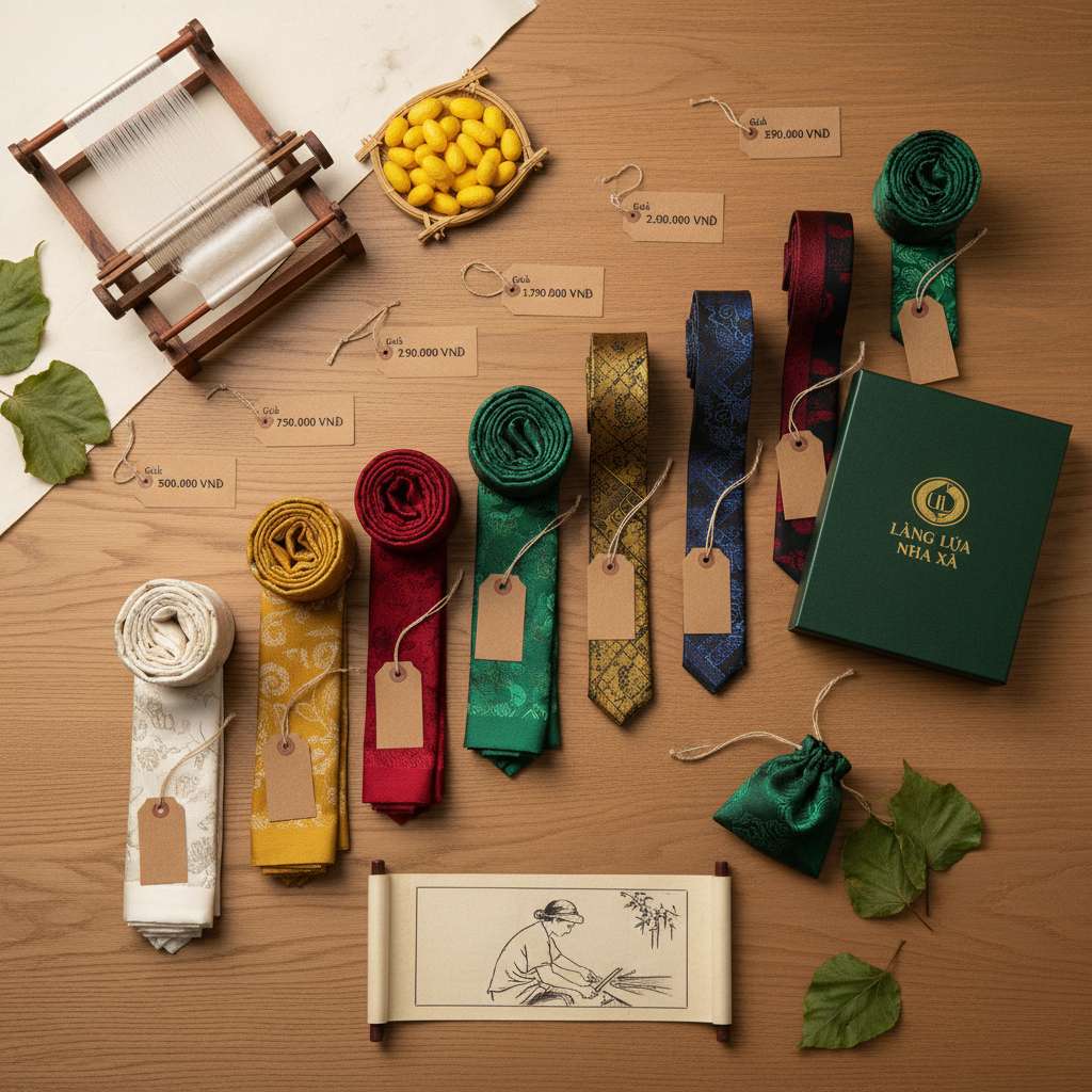 Flat-lay bộ sưu tập sản phẩm lụa tơ tằm Nha Xá sắp xếp theo mức giá từ thấp đến cao trên nền gỗ sồi tự nhiên, bao gồm khăn lụa cuộn tròn, cà vạt gấp ngay ngắn, hộp quà tặng mở nắp, túi lụa nhỏ, mỗi sản phẩm có tag giá nhỏ bên cạnh, ánh sáng studio đều mềm mại, góc chụp từ trên xuống thẳng đứng