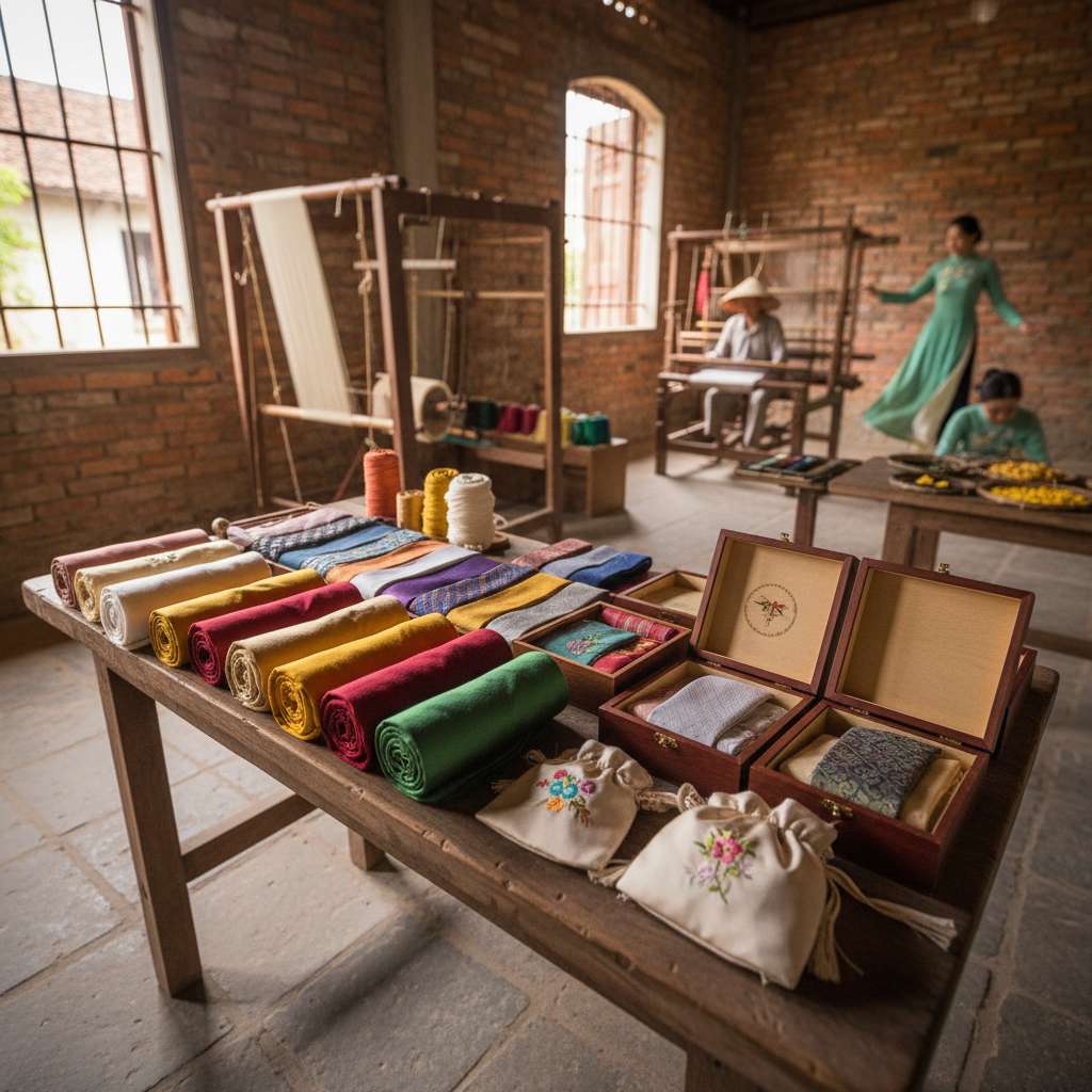 Bàn trưng bày sản phẩm quà tặng lụa tơ tằm Nha Xá gồm khăn choàng cổ lụa nhiều màu cuộn tròn xếp hàng, cà vạt lụa gấp ngay ngắn, set quà đóng hộp gỗ mở nắp lộ khăn lụa bên trong, túi lụa thêu hoa nhỏ xinh, tất cả trên mặt bàn gỗ mộc với nền tường gạch trần của xưởng dệt truyền thống, ánh sáng tự nhiên từ cửa sổ bên trái, góc chụp 30 độ từ trên