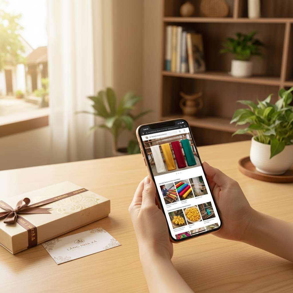 Đôi tay phụ nữ cầm điện thoại smartphone đang xem trang web bán khăn lụa tơ tằm, bên cạnh là hộp quà lụa Nha Xá đóng gói cẩn thận có buộc nơ, phong bì thiệp nhỏ, trên bàn làm việc gỗ sáng, phía sau mờ nhẹ là kệ sách và cây xanh, ánh sáng tự nhiên ban ngày, góc chụp trên xuống nghiêng 45 độ