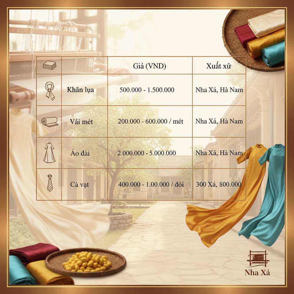 Infographic dạng bảng so sánh giá lụa tơ tằm, nền trắng ngà, viền vàng đồng, chia thành 5 hàng cho 5 loại sản phẩm (khăn lụa, vải mét, áo dài, vỏ gối, cà vạt) với cột giá và cột xuất xứ, icon nhỏ minh họa từng sản phẩm bên trái mỗi hàng, font chữ serif thanh lịch, logo Nha Xá nhỏ ở góc dưới phải