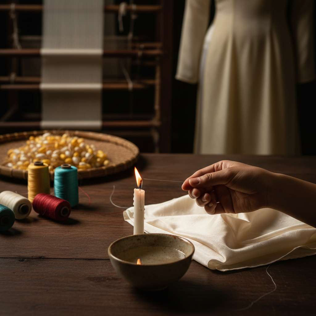Bàn tay phụ nữ Việt Nam đang cầm một sợi tơ tằm nhỏ đưa gần ngọn nến để thử đốt, bên cạnh là mẫu vải lụa trắng ngà và một chén nước nhỏ, nền bàn gỗ tối màu, ánh sáng ấm từ ngọn nến tạo hiệu ứng dramatic, góc chụp close-up từ trên xuống chéo 45 độ, phong cách nhiếp ảnh still-life