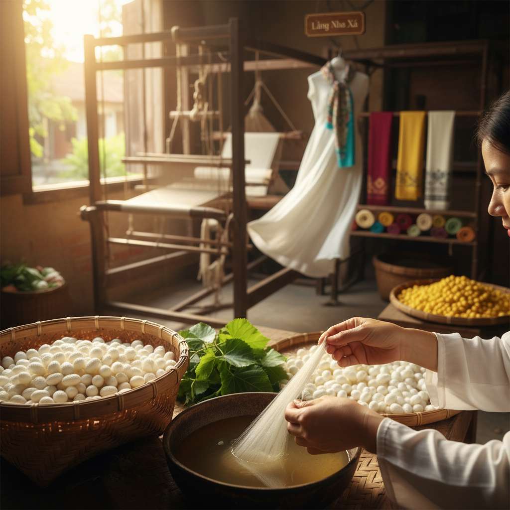 Ảnh cận cảnh nghệ thuật — tay một người phụ nữ nhẹ nhàng kéo sợi tơ tằm trắng óng ánh từ kén tằm trong chậu nước ấm, bên cạnh là rổ tre chứa hàng trăm kén tằm trắng ngà và vài cành lá dâu xanh mướt. Hậu cảnh mờ nhẹ là xưởng dệt thủ công với khung cửi gỗ. Ánh sáng tự nhiên từ cửa sổ chiếu vào tạo hiệu ứng sợi tơ phát sáng. Góc chụp macro từ trên xuống 45 độ, phong cách nhiếp ảnh sản phẩm thiên nhiên, tông màu ấm.