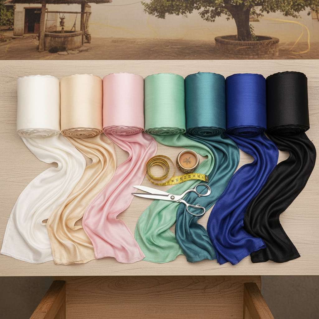 Bàn trưng bày phẳng nhìn từ trên xuống (flat lay), sáu cuộn vải lụa tơ tằm các loại xếp cạnh nhau theo gradient màu — từ trắng ngà sang champagne, hồng phấn, xanh ngọc, tím than, đen tuyền. Mỗi cuộn hé mở một góc vải rủ mềm mại. Giữa bàn đặt thước dây, kéo cắt vải inox sáng bóng và một tách trà gốm nhỏ. Nền bàn gỗ sáng, ánh sáng studio đều, không bóng đổ mạnh, phong cách chụp sản phẩm thương mại, tông pastel nhẹ nhàng.