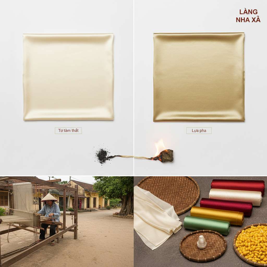 Ảnh chia đôi so sánh — bên trái là mẫu lụa tơ tằm thật màu ngà có ánh bóng mềm tự nhiên, bên phải là lụa pha polyester bóng nhựa. Ở giữa phía dưới, hai sợi vải đang được đốt trên ngọn lửa nhỏ — sợi bên trái tạo tro đen vụn, sợi bên phải co cứng thành cục. Nền trắng sạch, có nhãn chú thích nhỏ 