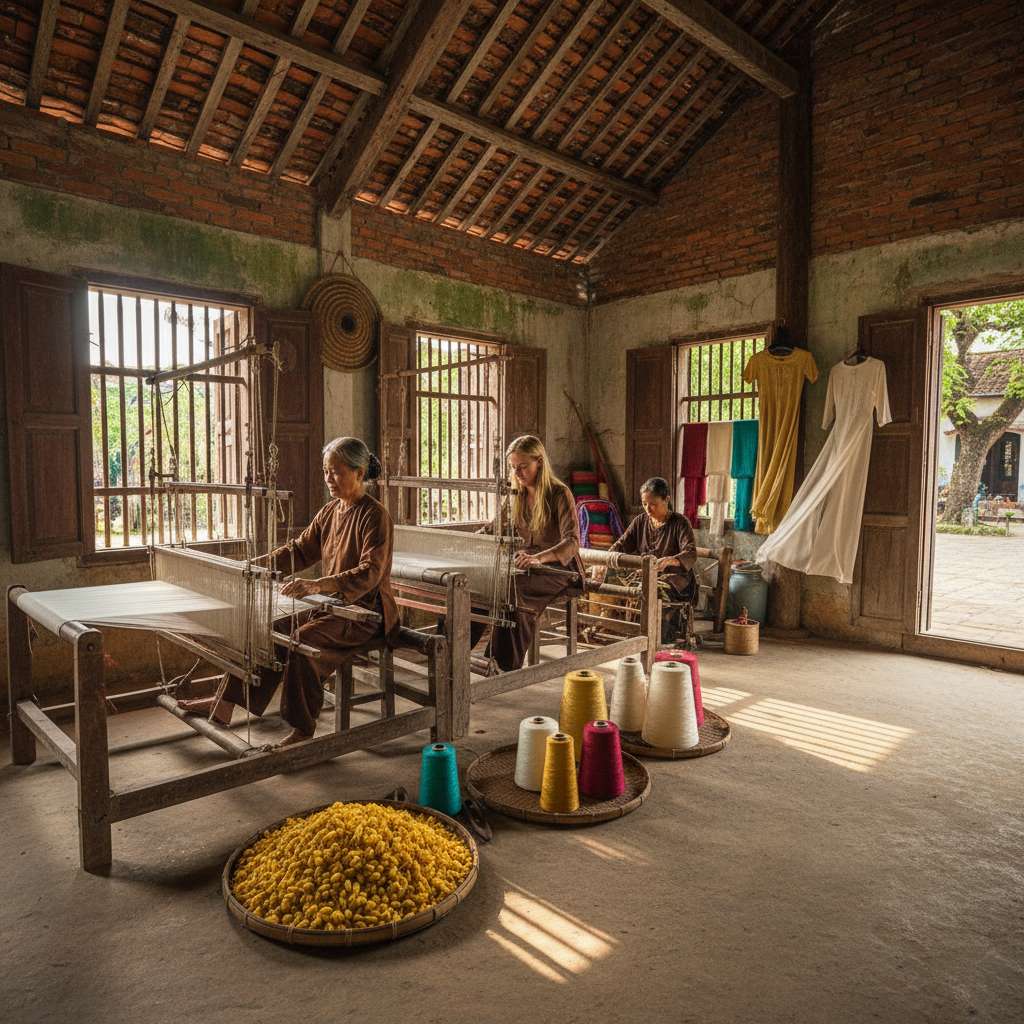 Toàn cảnh xưởng dệt lụa thủ công tại Làng Lụa Hội An — hai nghệ nhân nữ lớn tuổi mặc áo bà ba nâu ngồi bên khung cửi gỗ truyền thống đang dệt, sợi tơ trắng căng đều trên khung. Phía trước, một du khách nữ phương Tây tóc vàng đang được nghệ nhân hướng dẫn đặt tay lên khung cửi. Không gian xưởng mái ngói cũ, tường gạch đỏ phủ rêu nhẹ, ánh sáng tự nhiên chiếu qua cửa sổ gỗ tạo vệt nắng trên sàn. Góc chụp rộng, phong cách documentary travel, tông màu nóng ấm.