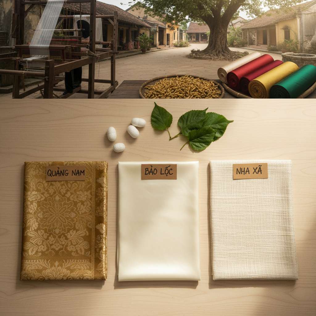 Ba mẫu lụa tơ tằm đặt cạnh nhau trên mặt bàn gỗ sáng — bên trái là lụa Quảng Nam tông vàng đồng dệt hoa văn truyền thống, giữa là lụa Bảo Lộc trắng sữa bóng mượt, bên phải là lụa Nha Xá màu ngà dệt thủ công có gân sợi tự nhiên tinh tế. Mỗi mẫu có nhãn giấy kraft nhỏ ghi tên vùng bằng bút mực đen. Phía trên bàn rải vài kén tằm trắng và cọng lá dâu. Ánh sáng tự nhiên từ cửa sổ phía phải, tạo bóng mềm. Góc chụp phẳng 90 độ từ trên xuống, phong cách editorial, tông trung tính ấm.