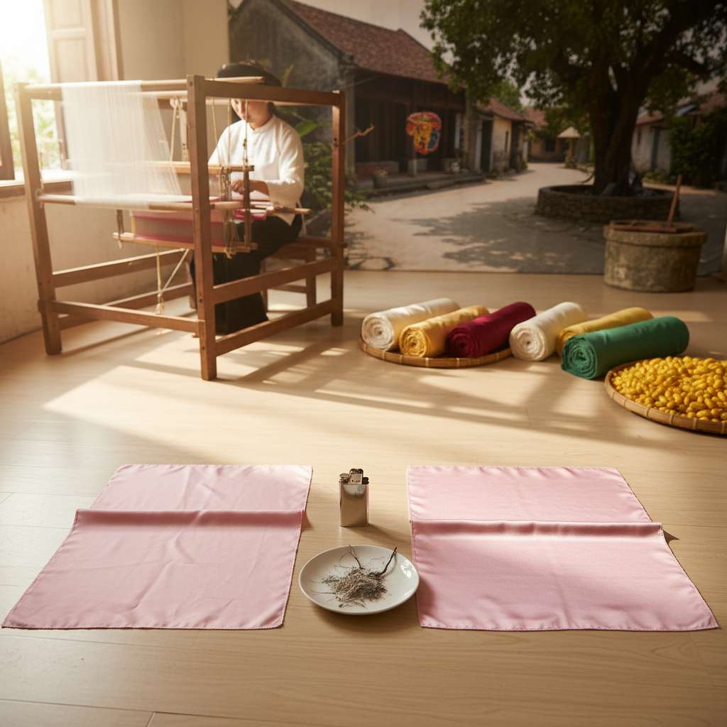 Hai mẫu vải đặt cạnh nhau trên nền gỗ sáng: bên trái là lụa tơ tằm Nha Xá chính hãng màu hồng pastel với ánh bóng mượt tự nhiên, bên phải là mẫu vải satin công nghiệp cùng màu nhưng bóng lóa không tự nhiên. Giữa hai mẫu vải đặt một chiếc bật lửa nhỏ và đĩa sứ trắng chứa tro sợi vải đã đốt. Ánh sáng ban ngày từ cửa sổ, góc chụp phẳng từ trên, phong cách editorial rõ ràng để người xem so sánh.