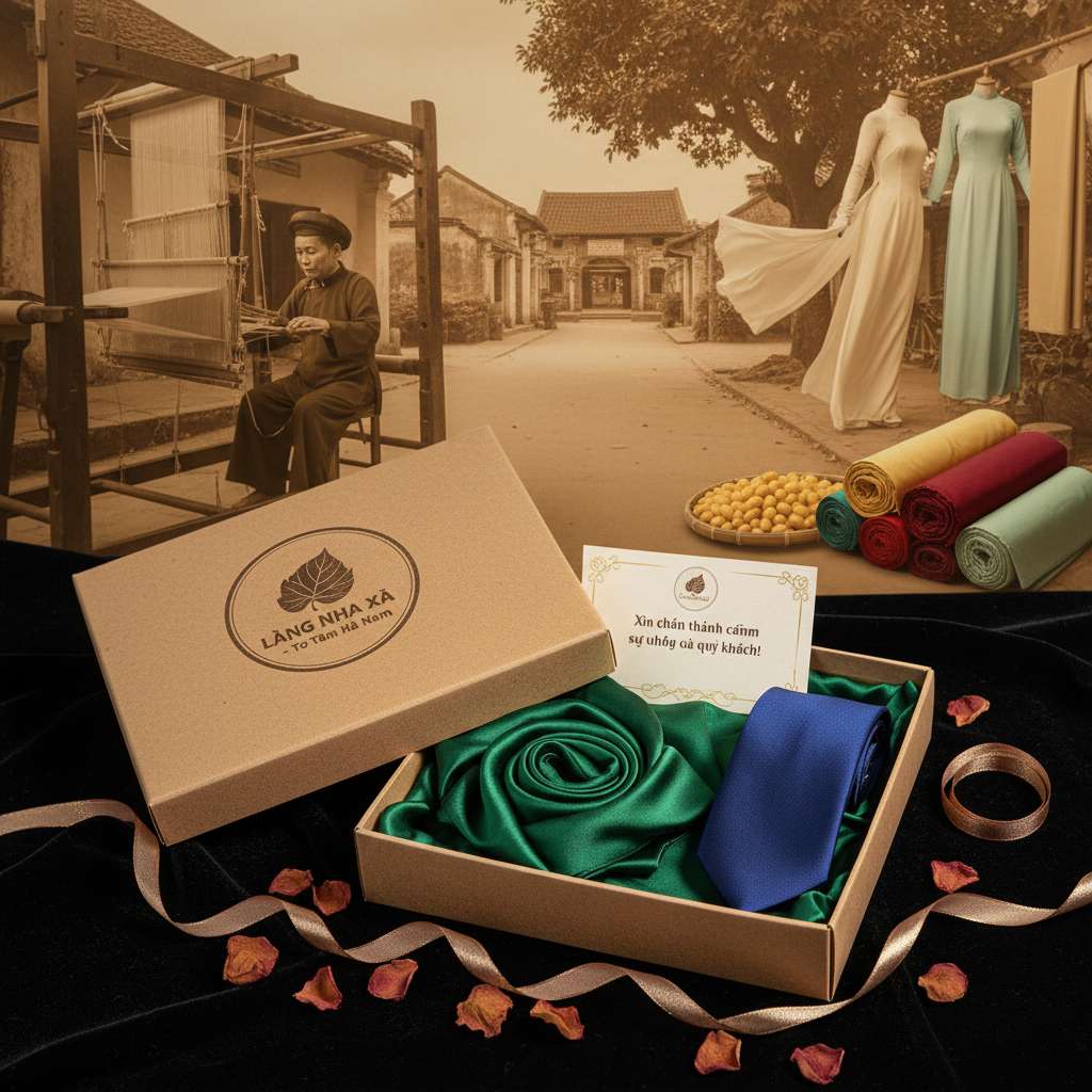 Bộ quà tặng lụa tơ tằm Nha Xá trên nền nhung đen: hộp quà chữ nhật bọc giấy kraft sang trọng đang mở nắp, bên trong là chiếc khăn lụa xanh ngọc bích gấp hình hoa và chiếc cà vạt lụa xanh đậm, kèm thiệp cảm ơn nhỏ. Xung quanh hộp rải vài cánh hoa khô và dây ruy-băng vàng đồng. Ánh sáng studio mềm từ phía trên, góc chụp 30 độ, phong cách chụp sản phẩm luxury gift box.