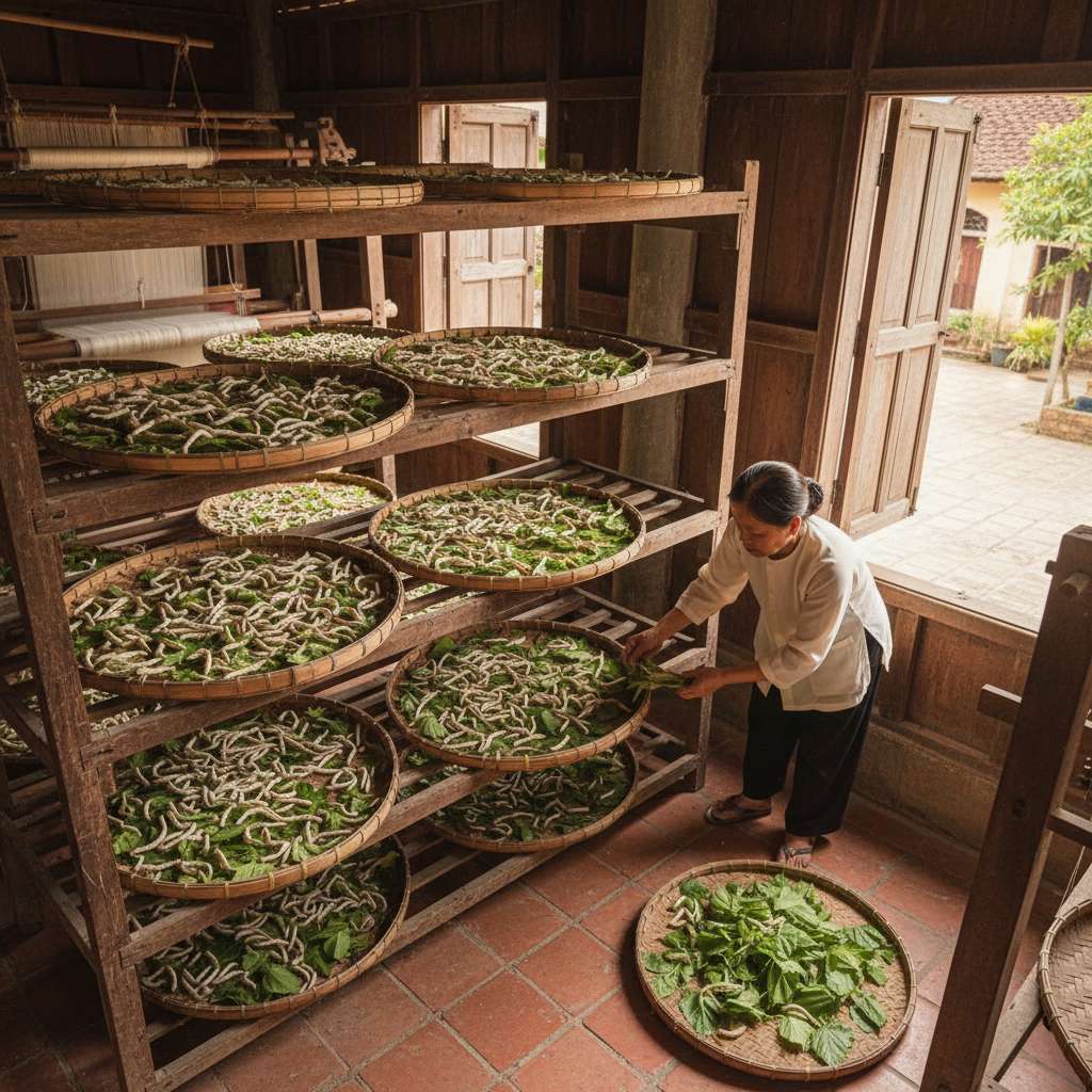 Bên trong nhà nuôi tằm truyền thống Nha Xá, hai tầng giá gỗ đặt nhiều nong tre tròn xếp chồng lên nhau. Trên nong, hàng nghìn con tằm tuổi 5 trắng mập đang ăn lá dâu xanh. Một người phụ nữ trung niên mặc áo bà ba đang cúi xuống kiểm tra nong tằm, tay nhẹ nhàng lật lá dâu. Ánh sáng tự nhiên từ cửa sổ gỗ chiếu vào, không gian ấm cúng, nền nhà gạch đỏ cũ. Góc chụp từ trên nghiêng xuống 30 độ, tông màu trắng-xanh-nâu gỗ.