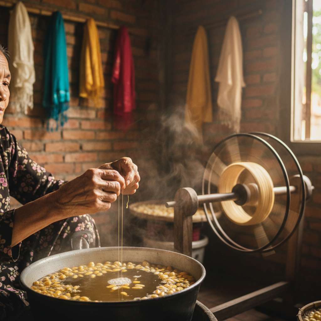 Cận cảnh đôi tay người phụ nữ lớn tuổi đang kéo sợi tơ vàng mảnh mai từ nồi luộc kén bốc hơi nóng. Kén vàng óng nổi trong nước, sợi tơ trong suốt ánh vàng nhẹ được kéo lên guồng xa quay bằng gỗ cũ bóng. Bối cảnh xưởng ươm tơ nhỏ trong nhà dân Nha Xá, tường gạch cũ, vài cuộn tơ vàng thành phẩm treo trên tường. Góc chụp cận cảnh tập trung vào đôi tay và sợi tơ, bokeh nhẹ hậu cảnh, ánh sáng tự nhiên ấm từ cửa sổ.