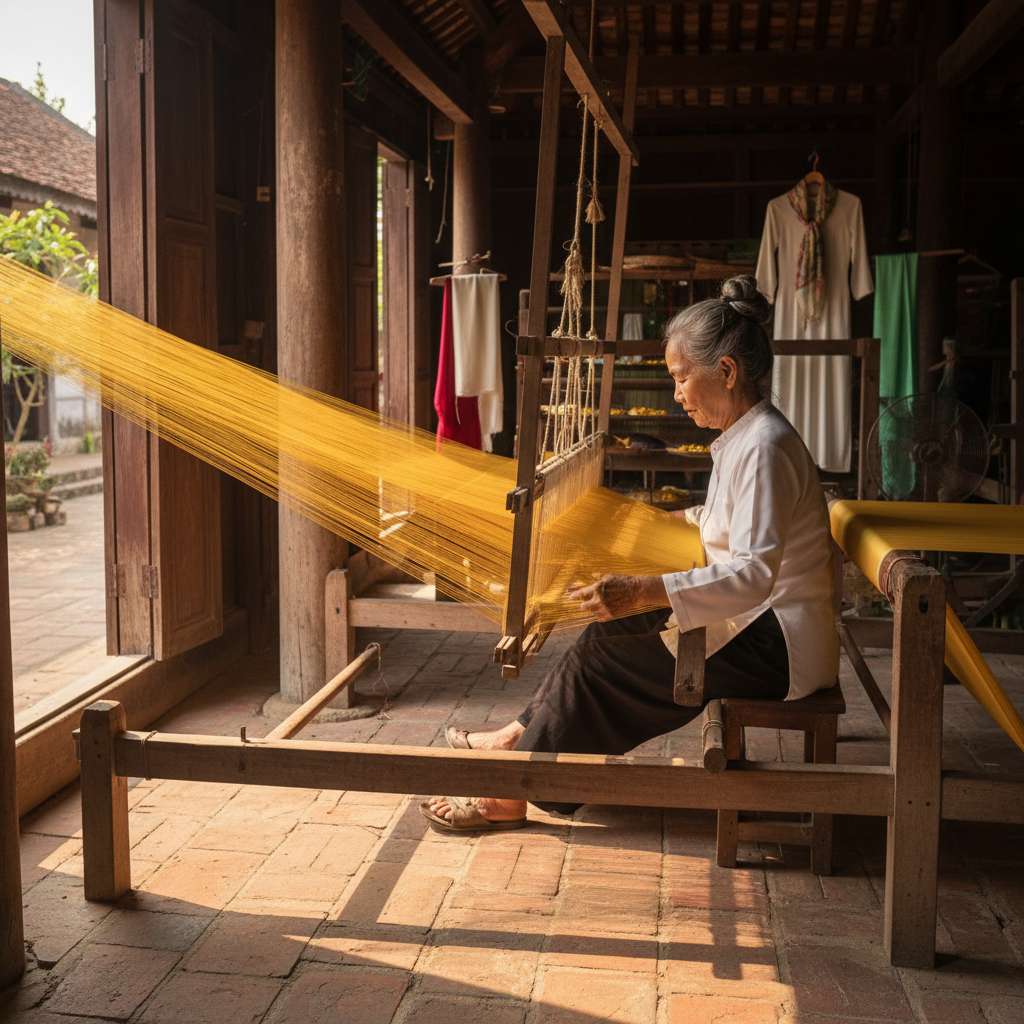 Nghệ nhân nữ khoảng 60 tuổi tóc búi cao ngồi bên khung cửi gỗ lớn trong căn nhà ba gian truyền thống Nha Xá. Chân đạp go, tay phải đưa thoi gỗ nhỏ qua khe sợi dọc, tấm lụa vàng óng đã dệt được nửa cuộn trên khung. Sợi tơ vàng giăng thẳng trên khung cửi tạo hiệu ứng ánh sáng xuyên qua. Không gian yên tĩnh, cột gỗ nhà cổ, nền gạch đỏ cũ. Góc chụp ngang tầm mắt từ bên hông, ánh sáng tự nhiên chiều xiên qua cửa, tông ấm vàng-nâu.