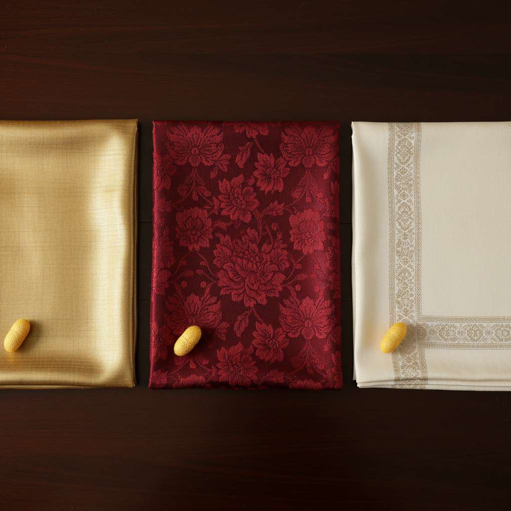 Ba tấm lụa được trải cạnh nhau trên mặt bàn gỗ sẫm màu, chụp từ trên xuống (flat lay). Bên trái: lụa vàng óng Nha Xá có ánh tơ tự nhiên. Giữa: lụa vân Vạn Phúc màu đỏ đô với hoa văn nổi. Bên phải: lụa Mã Châu màu trắng ngà viền thổ cẩm. Mỗi tấm lụa kèm một chiếc kén tằm đặt góc. Ánh sáng studio mềm từ trên xuống, nền tối tạo tương phản, chất liệu lụa bóng mượt rõ nét, 4K.