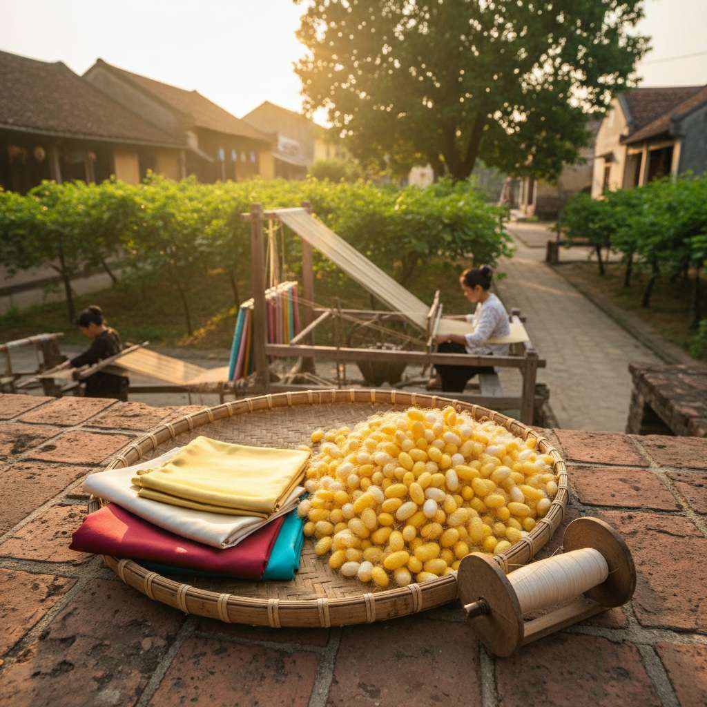 Rổ tre lớn đựng đầy kén vàng óng ả vừa thu hoạch đặt trên sân gạch nhà dân Nha Xá, bên cạnh là cuộn tơ vàng thành phẩm quấn trên guồng gỗ nhỏ và vài tấm lụa gấp gọn. Phía sau là vườn dâu xanh mướt. Ánh nắng chiều vàng ấm chiếu xiên, tạo ánh vàng rực trên kén tằm. Góc chụp hơi nghiêng từ trên xuống, focus vào rổ kén, bokeh nhẹ hậu cảnh.