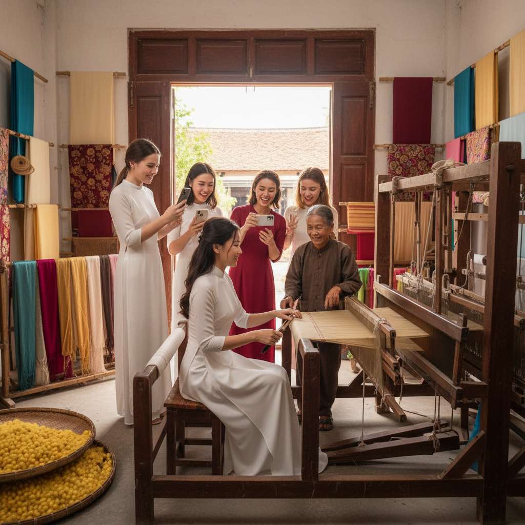 Nhóm 4-5 du khách trẻ đứng trong xưởng dệt Nha Xá, một bạn nữ mặc áo dài trắng đang ngồi thử vào khung cửi gỗ truyền thống dưới hướng dẫn của nghệ nhân lớn tuổi, tay đang cầm thoi. Những người còn lại đứng xung quanh chụp ảnh bằng điện thoại, mặt vui vẻ hào hứng. Trên tường treo nhiều cuộn lụa màu sắc khác nhau. Ánh sáng tự nhiên tràn vào từ cửa lớn, không gian rộng rãi. Góc chụp rộng bao quát cả nhóm và khung cửi.