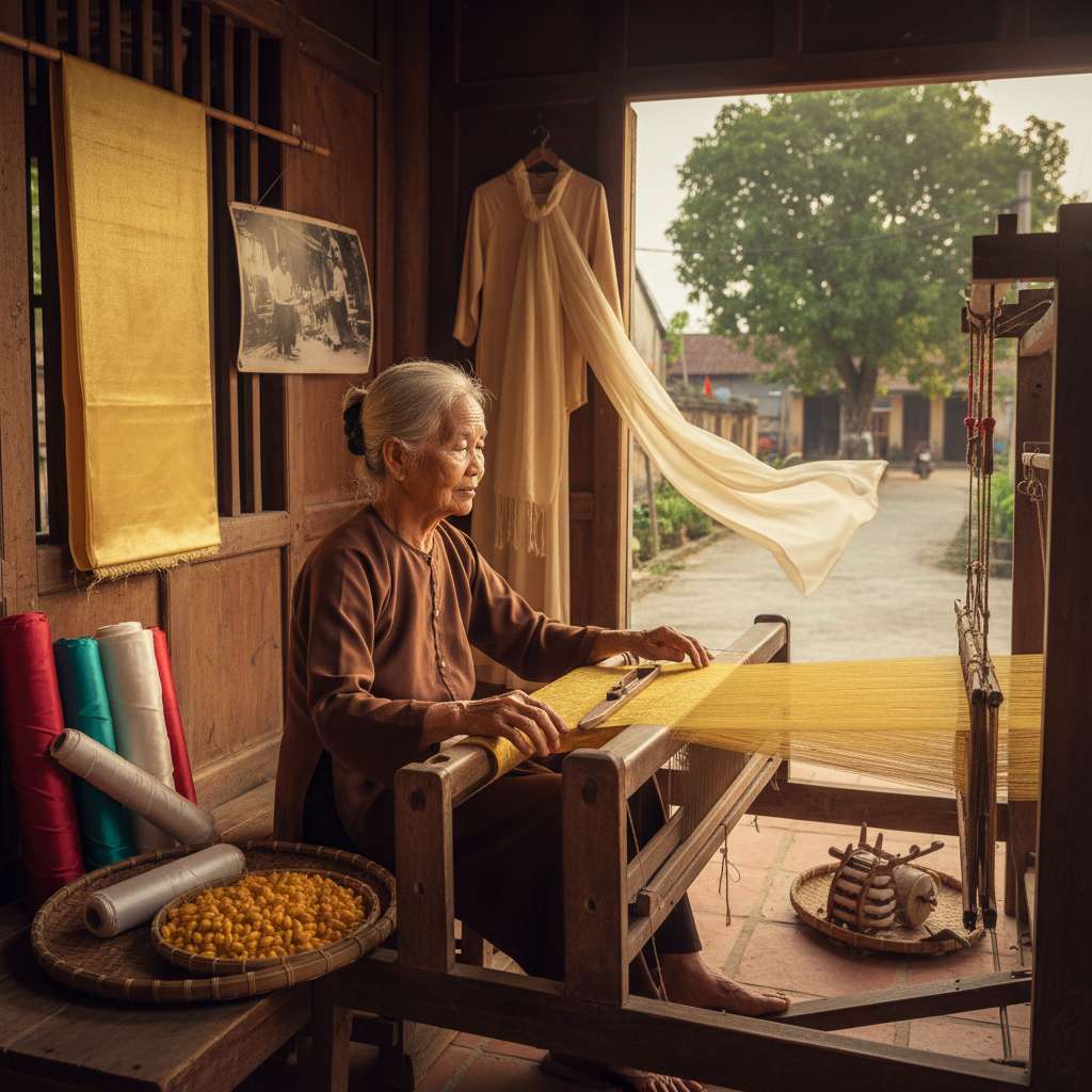 Bà cụ nghệ nhân khoảng 75 tuổi, tóc bạc trắng búi gọn, mặc áo bà ba nâu, ngồi bên khung cửi gỗ cũ bóng tuổi đời trong ngôi nhà ba gian truyền thống. Ánh sáng chiều xuyên qua ô cửa sổ gỗ chiếu lên tấm lụa vàng đang dệt dở trên khung. Phía sau tường treo tấm lụa vàng hoàn thiện và bức ảnh đen trắng cũ chụp cảnh dệt lụa ngày xưa. Tông ảnh ấm, nostalgic, tĩnh lặng. Góc chụp chéo từ phía trước, focus vào gương mặt nghệ nhân và đôi tay trên khung cửi.