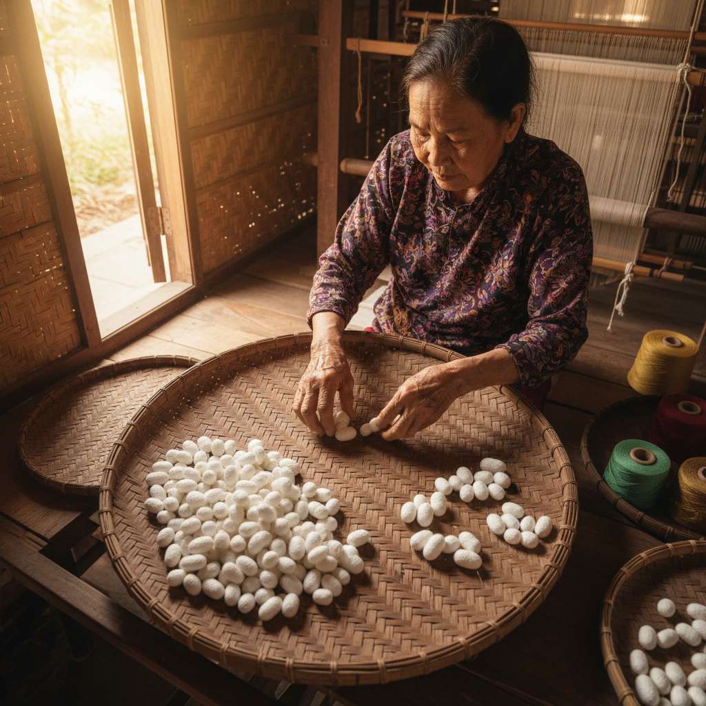 Đôi bàn tay nghệ nhân nữ lớn tuổi đang nhặt và phân loại kén tằm trắng ngà trên mẹt tre đan, kén loại A sáng bóng xếp gọn bên trái, kén loại B và C xếp riêng bên phải, nền là xưởng gỗ truyền thống Nha Xá với vách nứa, ánh sáng tự nhiên ấm vàng từ cửa sổ, góc chụp close-up từ trên xuống.